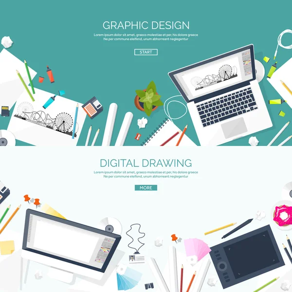 Web design gráfico. Desenho e pintura. Desenvolvimento. Ilustração, esboço, freelance. Interface de usuário. UI. Computador, laptop . — Vetor de Stock