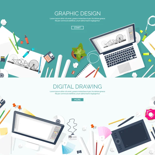 Grafische webdesign. Tekenen en schilderen. Ontwikkeling. Illustratie, schetsen, freelance. Gebruikersinterface. UI. Computer, laptop. — Stockvector