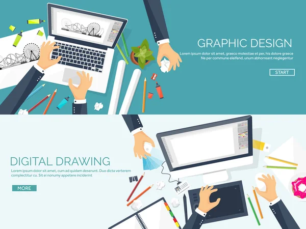 Grafische webdesign. Tekenen en schilderen. Ontwikkeling. Illustratie, schetsen, freelance. Gebruikersinterface. UI. Computer, laptop. — Stockvector