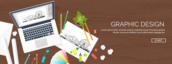 Graphic web design. Drawing and painting. Development. Illustration, sketching, freelance. User interface. UI. Computer, laptop. Wood texture. — Stock Vector