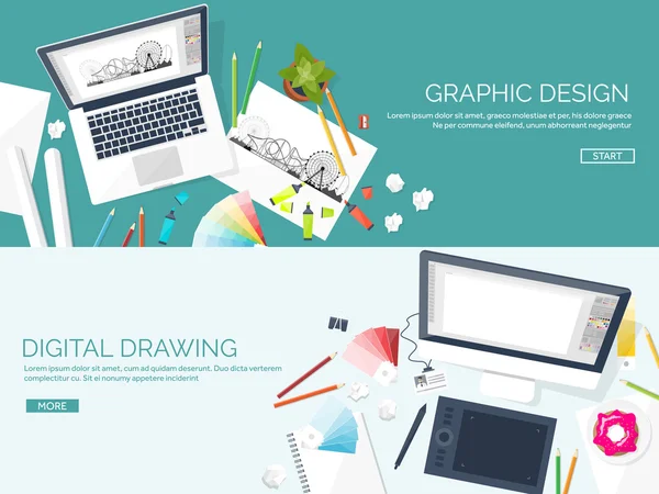 Grafische webdesign. Tekenen en schilderen. Ontwikkeling. Illustratie, schetsen, freelance. Gebruikersinterface. UI. Computer, laptop. — Stockvector