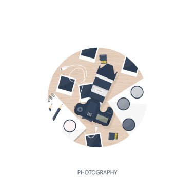 Photographer equipment on a table. Photography tools, photo editing, photoshooting flat background.  Digital photocamera with lens. Vector illustration. Wood. Wooden.
