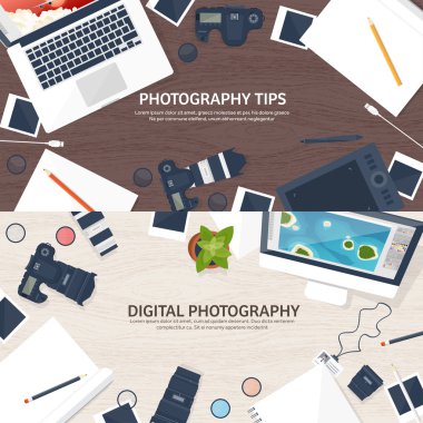 Photographer equipment on a table. Photography tools, photo editing, photoshooting flat background.  Digital photocamera with lens. Vector illustration. Wood. Wooden.