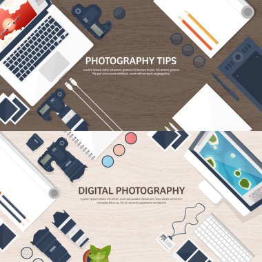 Photographer equipment on a table. Photography tools, photo editing, photoshooting flat background.  Digital photocamera with lens. Vector illustration. Wood. Wooden.