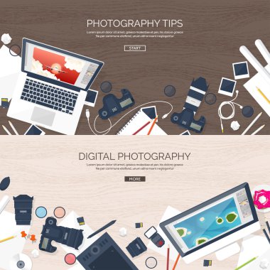 Photographer equipment on a table. Photography tools, photo editing, photoshooting flat background.  Digital photocamera with lens. Vector illustration. Wood. Wooden.