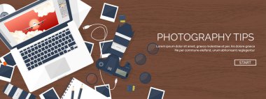 Photographer equipment on a table. Photography tools, photo editing, photoshooting flat background.  Digital photocamera with lens. Vector illustration. Wood. Wooden.
