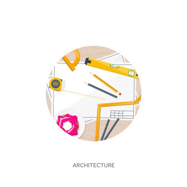 Vector illustration. Engineering and architecture. Drawing, construction.  Architectural project. Design, sketching. Workspace with tools. Planning, building.  Wood, wooden.