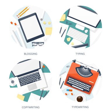 Vektör illüstrasyon. Düz daktilo. Elleri olan dizüstü bilgisayar. Hikayeni anlat. Yazar. Bloglama.