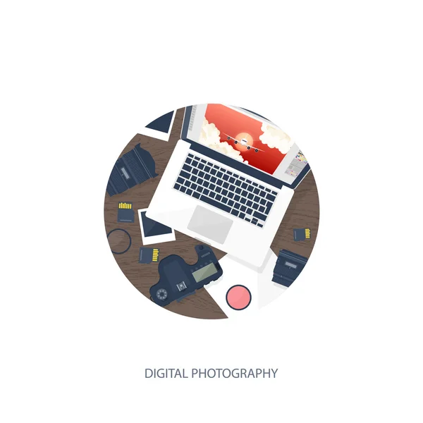 Equipamento de fotógrafo em uma mesa. Ferramentas de fotografia, edição de fotos, fotografar fundo plano. Fotocâmera digital com lente. Ilustração vetorial. Madeira. Madeira . —  Vetores de Stock