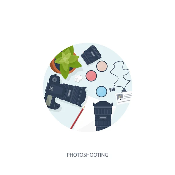 Fotoausrüstung auf einem Tisch. Fotografie-Tools, Bildbearbeitung, Fotoshooting flachen Hintergrund. Digitalkamera mit Objektiv. Vektorillustration. — Stockvektor