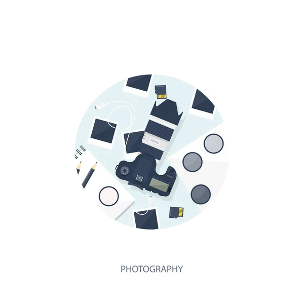 Photographer equipment on a table. Photography tools, photo editing, photoshooting flat background.  Digital photocamera with lens. Vector illustration. — Stock Vector