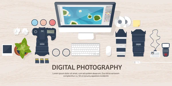 Photographer equipment on a table. Photography tools, photo editing, photoshooting flat background.  Digital photocamera with lens. Vector illustration. Wood. Wooden. — Stock Vector