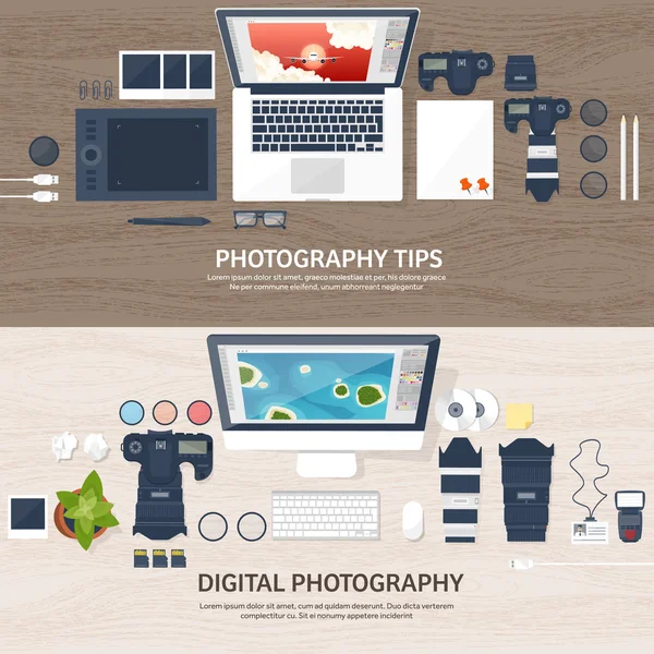 Photographer equipment on a table. Photography tools, photo editing, photoshooting flat background.  Digital photocamera with lens. Vector illustration. Wood. Wooden. — Stockvector