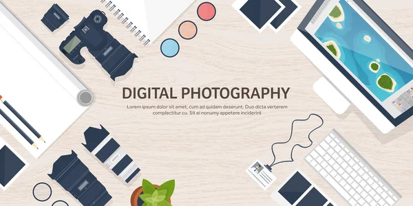 Photographer equipment on a table. Photography tools, photo editing, photoshooting flat background.  Digital photocamera with lens. Vector illustration. Wood. Wooden. — Stockvector
