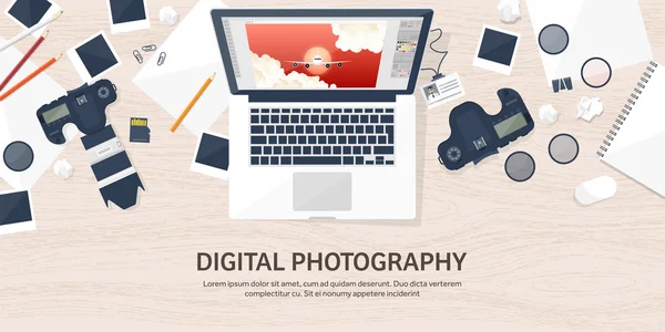 Photographer equipment on a table. Photography tools, photo editing, photoshooting flat background.  Digital photocamera with lens. Vector illustration. Wood. Wooden. — Stockvector