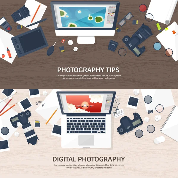 Photographer equipment on a table. Photography tools, photo editing, photoshooting flat background.  Digital photocamera with lens. Vector illustration. Wood. Wooden.