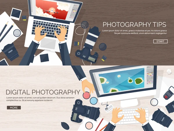 Photographer equipment on a table. Photography tools, photo editing, photoshooting flat background.  Digital photocamera with lens. Vector illustration. Wood. Wooden. — Stockvector