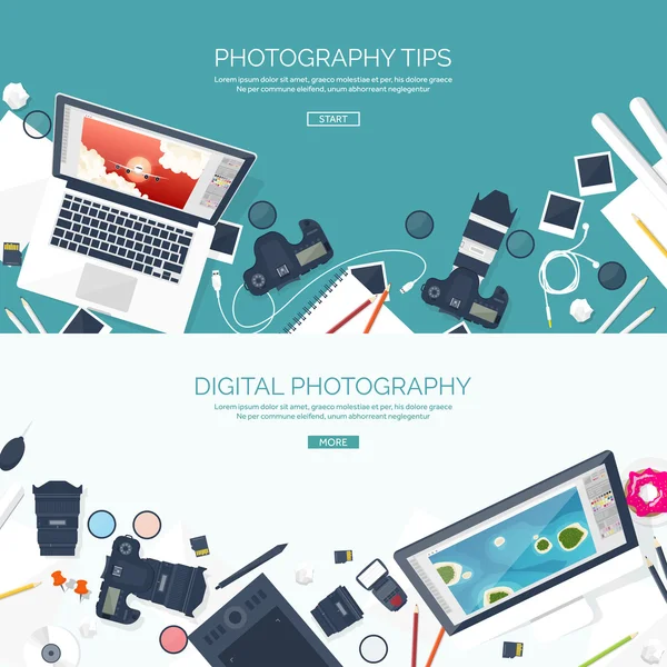 Photographer equipment on a table. Photography tools, photo editing, photoshooting flat background.  Digital photocamera with lens. Vector illustration. — Stock Vector