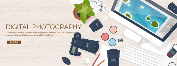 Photographer equipment on a table. Photography tools, photo editing, photoshooting flat background.  Digital photocamera with lens. Vector illustration. Wood. Wooden. — Stockvector