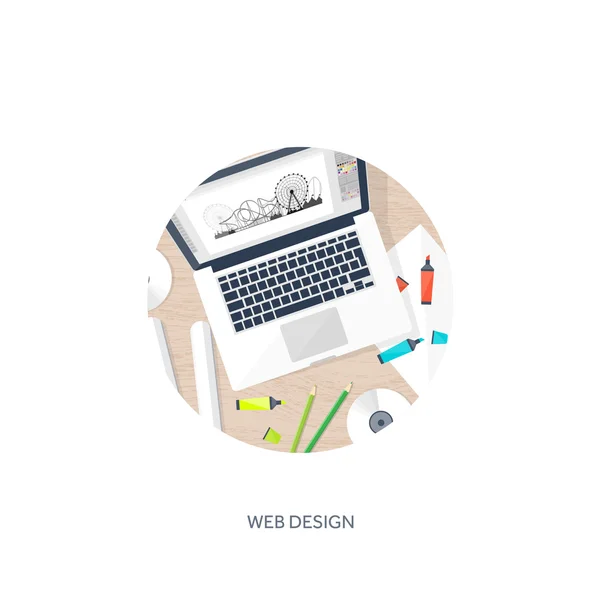 Graphic web design. Drawing and painting. Development. Illustration, sketching, freelance. User interface. UI. Computer, laptop. Wood. Wooden. — ストックベクタ