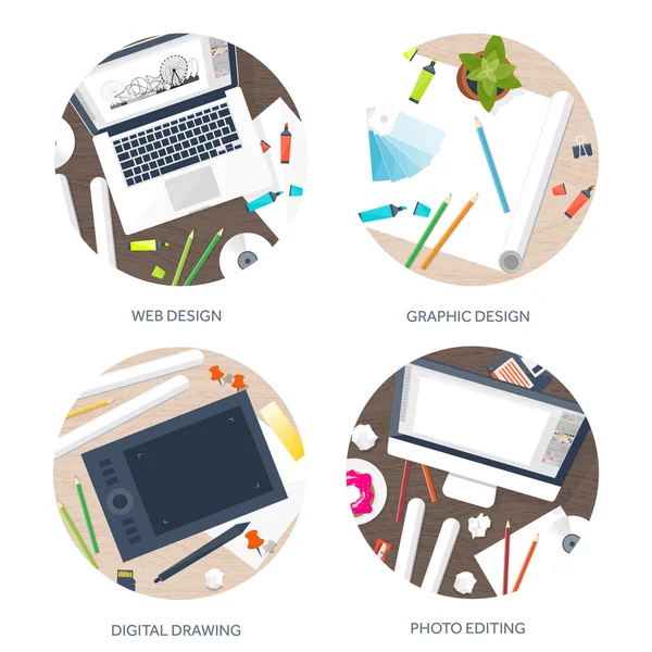 Graphic web design. Drawing and painting. Development. Illustration, sketching, freelance. User interface. UI. Computer, laptop. Wood. Wooden. — Stockvector