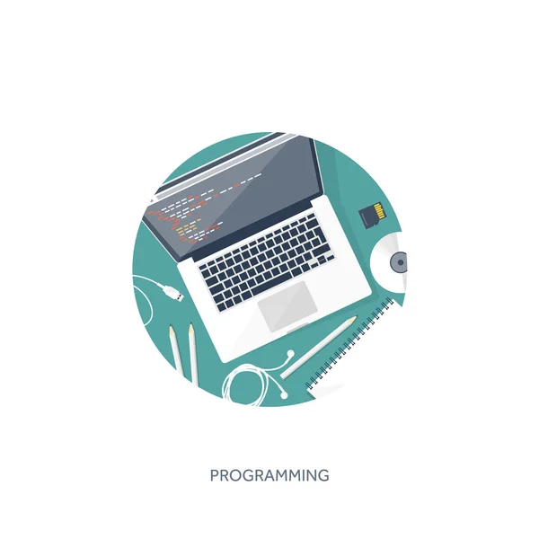 Programación, codificación. Fondo de computación plana. Código, hardware, software. Desarrollo web. Optimización de motores de búsqueda. Innovación, tecnologías. Aplicación móvil. Ilustración vectorial. SEO . — Vector de stock