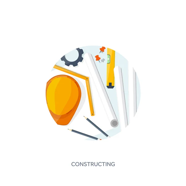 Ilustración vectorial. Ingeniería y arquitectura. Dibujo, construcción. Proyecto arquitectónico. Diseño, boceto. Espacio de trabajo con herramientas. Planificación, construcción . — Vector de stock