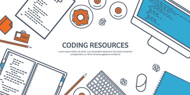 Lined programming,coding. Outline Flat computing background. Code, hardware,software. Web development. Search engine optimization. Innovation,technologies. Mobile app. Vector illustration. SEO. clipart svg vector 