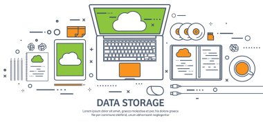 Lined, outline vector illustration. Workplace, table with documents, computer. Flat cloud computing background. Media, data server. Web storage.CD. Paper blank. Digital technologies. Internet