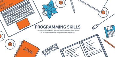 Lined programming,coding. Outline Flat computing background. Code, hardware,software. Web development. Search engine optimization. Innovation,technologies. Mobile app. Vector illustration. SEO.