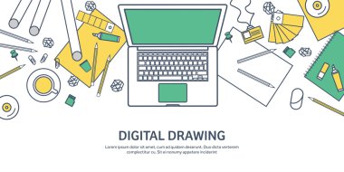 Lined, ouline flat graphic web design. Drawing and painting. Development. Illustration, sketching, freelance. User interface. UI. Computer, laptop.