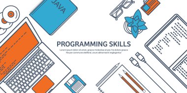 Lined programming,coding. Outline Flat computing background. Code, hardware,software. Web development. Search engine optimization. Innovation,technologies. Mobile app. Vector illustration. SEO.