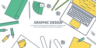 Lined, ouline flat graphic web design. Drawing and painting. Development. Illustration, sketching, freelance. User interface. UI. Computer, laptop.