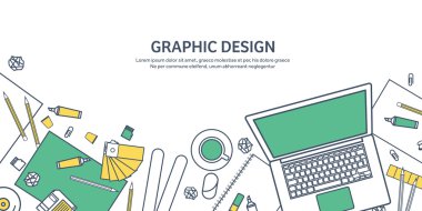 Lined, ouline flat graphic web design. Drawing and painting. Development. Illustration, sketching, freelance. User interface. UI. Computer, laptop.