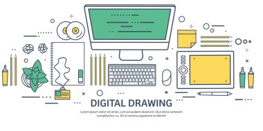 Lined, ouline flat graphic web design. Drawing and painting. Development. Illustration, sketching, freelance. User interface. UI. Computer, laptop.