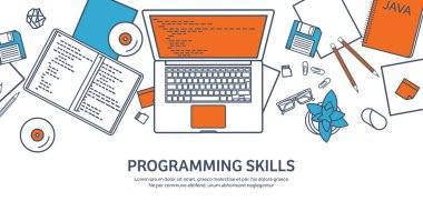 Lined programming,coding. Outline Flat computing background. Code, hardware,software. Web development. Search engine optimization. Innovation,technologies. Mobile app. Vector illustration. SEO.