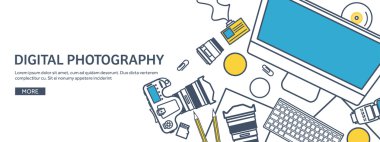 Lined fhotographer equipment on a table. Photography tools, photo editing, photoshooting outline flat background.  Digital photocamera with lens. Vector illustration.