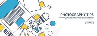 Lined fhotographer equipment on a table. Photography tools, photo editing, photoshooting outline flat background.  Digital photocamera with lens. Vector illustration.