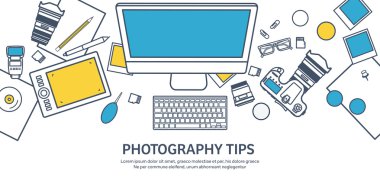 Lined fhotographer equipment on a table. Photography tools, photo editing, photoshooting outline flat background.  Digital photocamera with lens. Vector illustration.