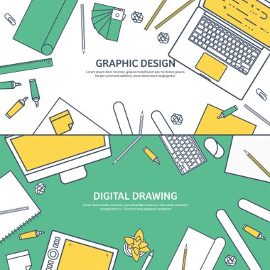 Lined, ouline flat graphic web design. Drawing and painting. Development. Illustration, sketching, freelance. User interface. UI. Computer, laptop.