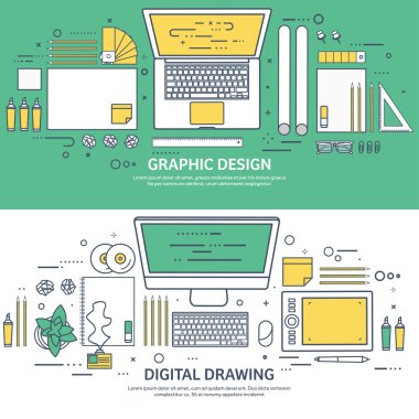 Lined, ouline flat graphic web design. Drawing and painting. Development. Illustration, sketching, freelance. User interface. UI. Computer, laptop.