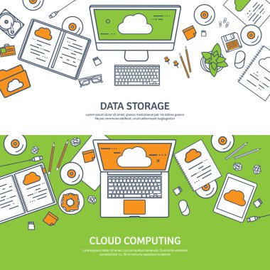 Lined, outline vector illustration. Workplace, table with documents, computer. Flat cloud computing background. Media, data server. Web storage.CD. Paper blank. Digital technologies. Internet