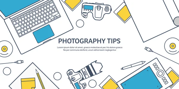 Lined fhotographer equipment on a table. Photography tools, photo editing, photoshooting outline flat background.  Digital photocamera with lens. Vector illustration. — Stockvector