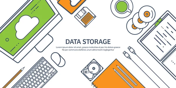 Lined, outline vector illustration. Workplace, table with documents, computer. Flat cloud computing background. Media, data server. Web storage.CD. Paper blank. Digital technologies. Internet — Stock Vector