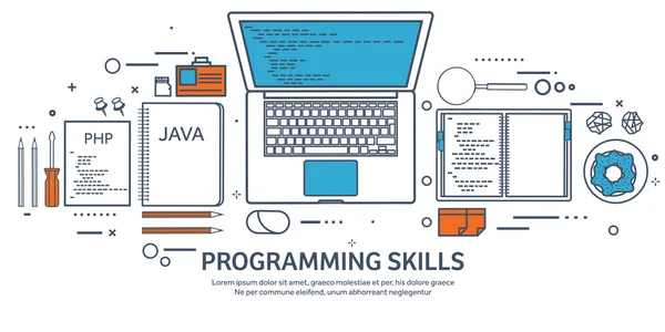 Programmazione interna, codifica. Outline Piatto sfondo di calcolo. Codice, hardware, software. Sviluppo web. Ottimizzazione dei motori di ricerca. Innovazione, tecnologie. App mobile. Illustrazione vettoriale. SEO . — Vettoriale Stock