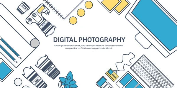 Lined fhotographer equipment on a table. Photography tools, photo editing, photoshooting outline flat background.  Digital photocamera with lens. Vector illustration. — Stockový vektor