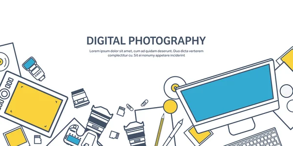 Lined fhotographer equipment on a table. Photography tools, photo editing, photoshooting outline flat background.  Digital photocamera with lens. Vector illustration. — Stockvector