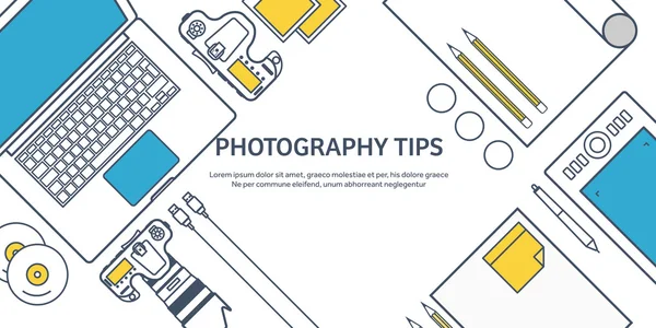 Lined fhotographer equipment on a table. Photography tools, photo editing, photoshooting outline flat background.  Digital photocamera with lens. Vector illustration. — Stockvector