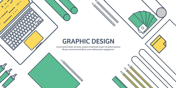 Lined, ouline flat graphic web design. Drawing and painting. Development. Illustration, sketching, freelance. User interface. UI. Computer, laptop. — Stock vektor