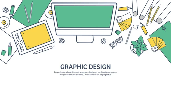 Lined, ouline flat graphic web design. Drawing and painting. Development. Illustration, sketching, freelance. User interface. UI. Computer, laptop. — Stock vektor